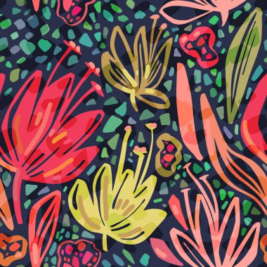 Vektör Dikişsiz tropikal desen koyu arka plan, canlı renkler çiçek yaz baskı tasarımı üzerinde parlak minimalist çiçekli. Botanik el çekilmiş yinelenebilir zemin.