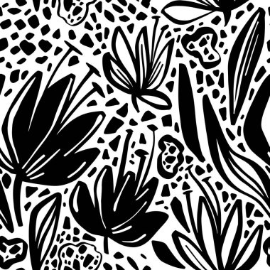 Vektör Dikişsiz desen çizim otlar, çiçekler, tek renkli sanatsal botanik illüstrasyon ile. Çiçek tek renkli arka plan.