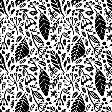 Mürekkeple çizim otlar, çiçekler, tek renkli sanatsal botanik illüstrasyon vektör seamless modeli. Botanik tek renkli yinelenebilir motifi.