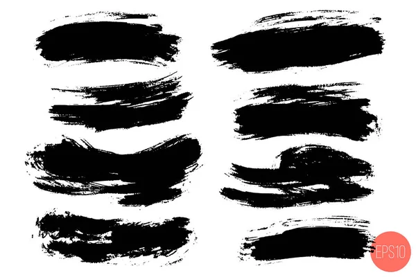 Conjunto vectorial de pinceladas dibujadas a mano, manchas para telones de fondo. Conjunto de elementos de diseño monocromo. Color negro artístico dibujado a mano fondos forma horizontal . — Vector de stock