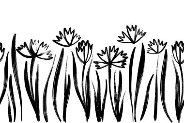 Sorunsuz sınır mürekkeple çizim bahar çiçekleri, sanatsal botanik illüstrasyon, izole çiçek öğeleri, elle çizilmiş yinelenebilir illüstrasyon vektör.