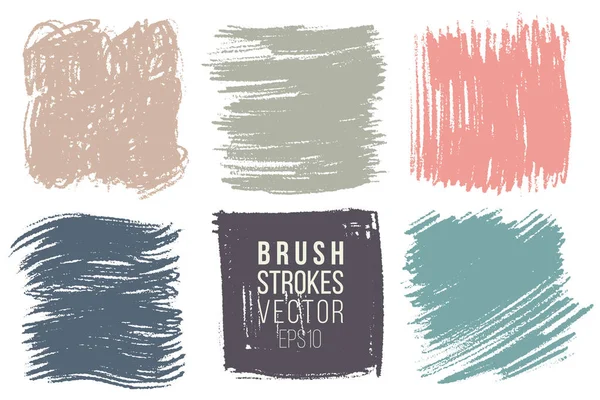 Vector set of big hand drawn brush strokes with texture, stains for backdrops. Colorful design element set. Mute color artistic hand drawn backgrounds square shapes. Painted patches. — Stock Vector
