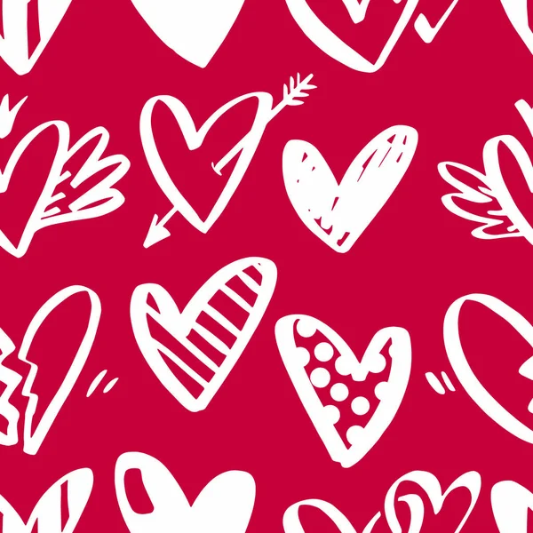Vector naadloze patroon met hand getrokken hart geïsoleerd op rode achtergrond. Hart symbool met de hand. Verschillende stijl hand getekend hart vormen als herhaalbaar design — Stockvector