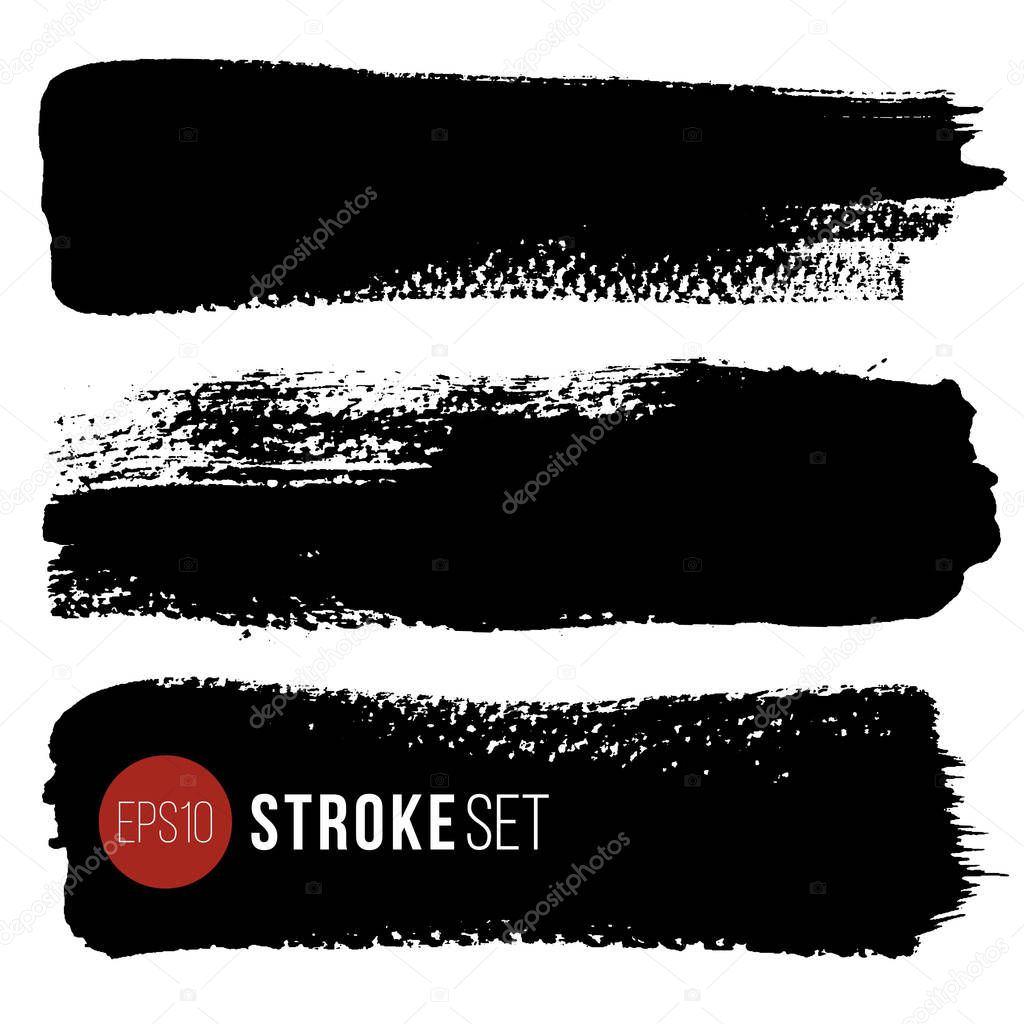 Vector set of hand drawn brush strokes. One color monochrome graphic resources. Grunge roller, black stripes isolated, ink lines.