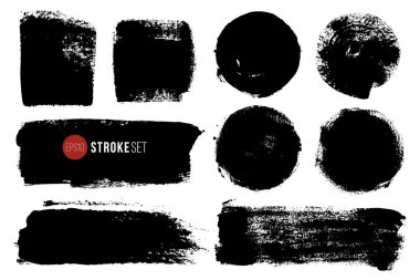 Vektör mürekkep lekeleri dikdörtgen ve daire şekilleri. Elle boyanmış lekeler. Grunge fırça darbeleri büyük set.