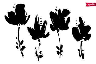 Vektör mürekkep çizim çiçekler, sapları ve yaprakları, tek renkli sanatsal botanik illüstrasyon, izole çiçek elemanları, el çizilmiş illüstrasyon seti. Tek renkli pürüzlü konturlarda çiçek elementleri.