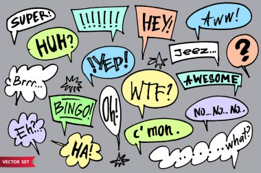 Vektör konuşma kabarcık doodle tarzı büyük set. Çeşitli interjections ile el çizilmiş çağrı çıkışlar. İşaretçi drawm iletileri ve ünlemler.