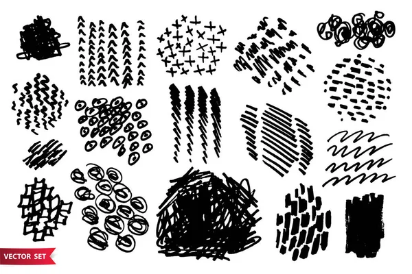 Set van hand getekende Krabbel vlekken geïsoleerd op wit. Doodle stijl schetsen. Monochrome vector ontwerpelementen. — Stockvector