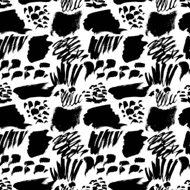 Vektör dikişsiz desen. Siyah mürekkep çizilmiş vuruş çeşitli şekiller ile tekrarlanabilir doku. Sanatsal tek renkli arka plan. Siyah beyaz baackdrop.