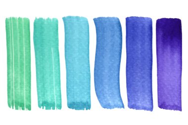 Vektör el çizilmiş suluboya fırça lekeleri ayarlayın. Renkli boyalı dikey kontur koleksiyonu. Arka plan için mavi renkli el çizilmiş şeritler.