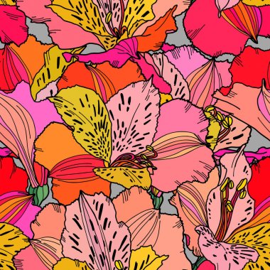 El çizilmiş bitkiler ile vektör dikişsiz desen. Yaz botanik geçmişi. Alstroemeria el çizilmiş parlak çok renkli çiçekler tekrarlanabilir duvar kağıdı.