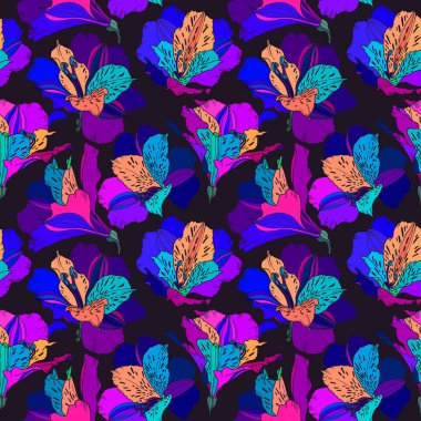 El çizilmiş bitkiler ile vektör dikişsiz desen. Yaz botanik geçmişi. Alstroemeria el tekrarlanabilir duvar kağıdı yaprakları ile parlak çok renkli çiçekler çizilmiş.