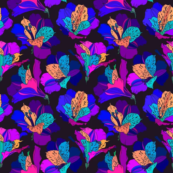Векторный бесшовный рисунок с нарисованными вручную растениями. Летний ботанический фон. Альстромерия ручной работы яркие многоцветные цветы с листьями повторяющиеся обои . — стоковый вектор