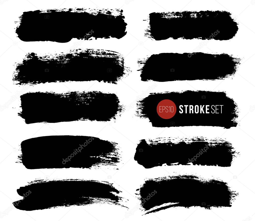 Vector set of hand drawn brush strokes and stains. One color monochrome artistic hand drawn backgrounds and graphic resources.