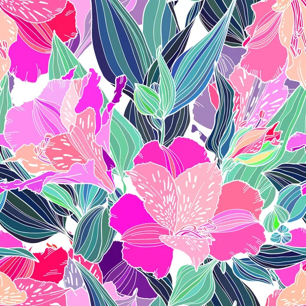 Vector naadloze patroon met hand getekende planten. Zomer Botanische achtergrond. Alstroemeria hand getekende Bright Multi Color bloemen herhaalbare wallpaper. — Stockvector