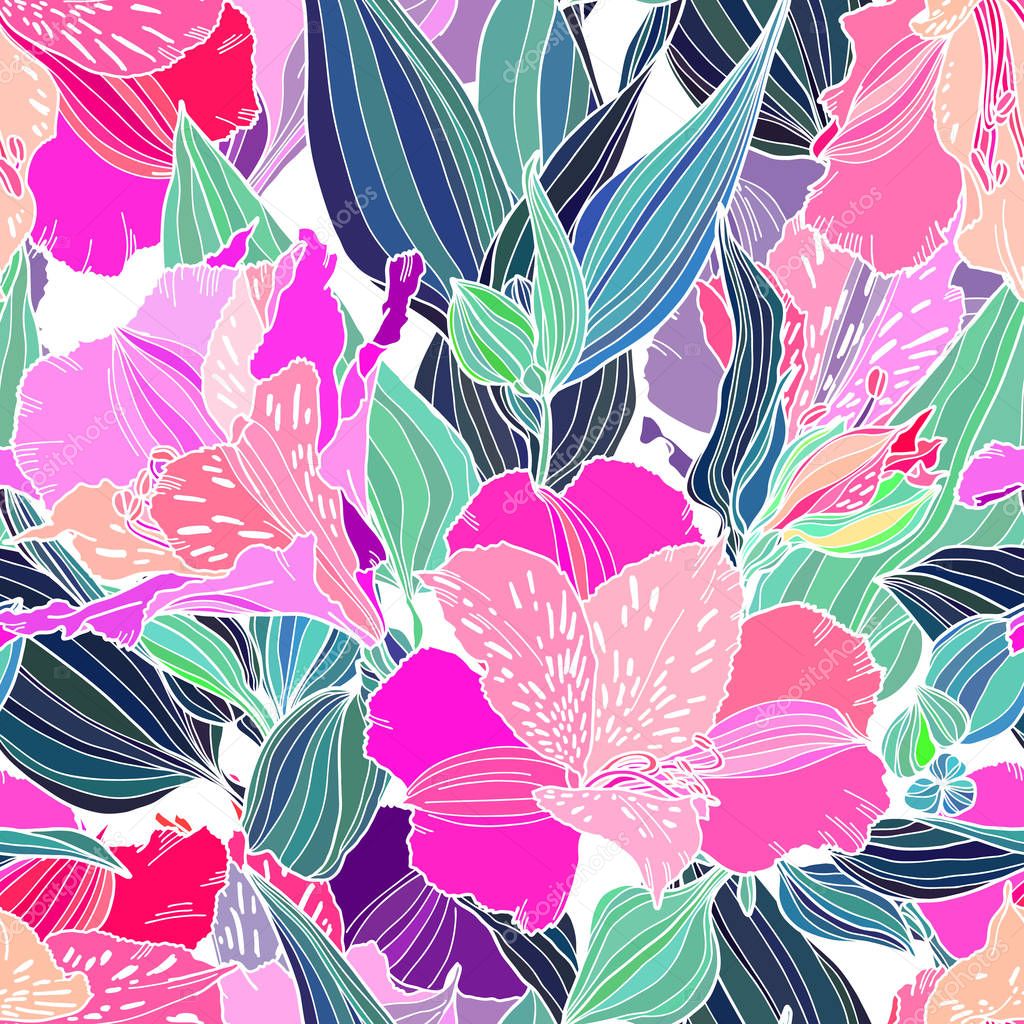 Vector seamless pattern with hand drawn plants. Summer botanical background. Alstroemeria hand drawn bright multi color flowers repeatable wallpaper.