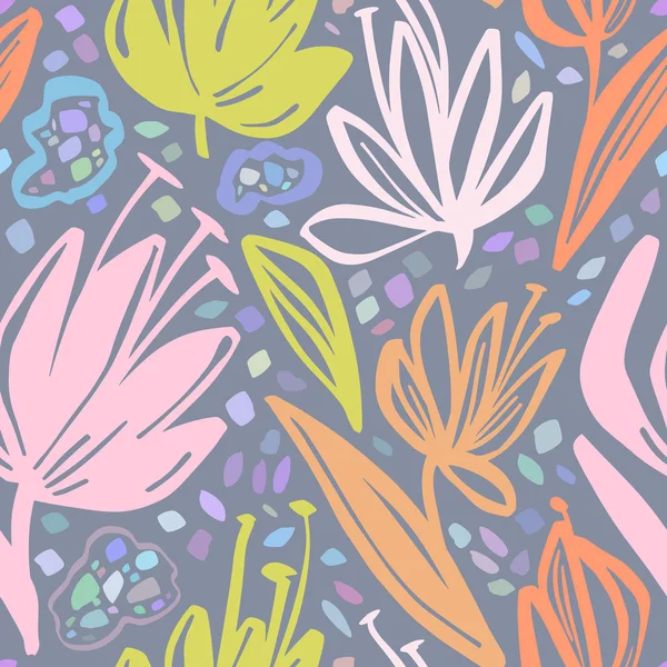 Padrão tropical sem costura vetorial cores silenciadas design de impressão floral verão. Fundo repetível desenhado à mão botânico . —  Vetores de Stock