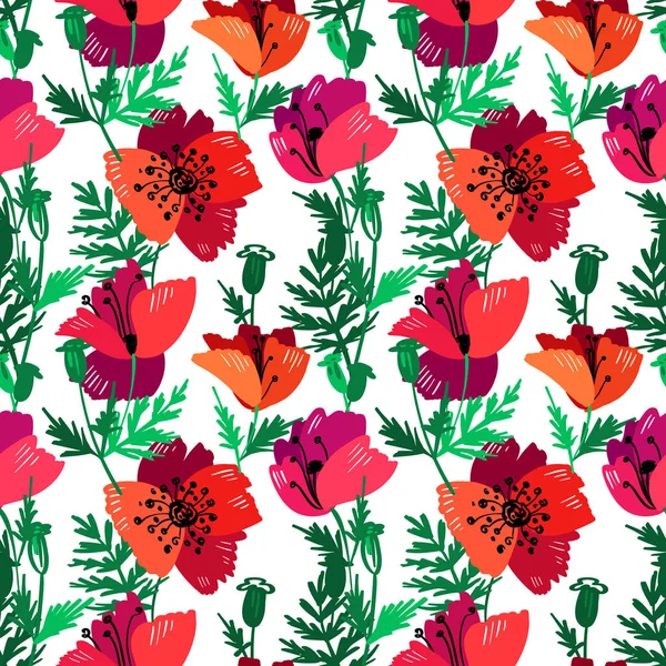 Vector naadloos patroon met de hand tekenen wilde bloemen, kleurrijke botanische illustratie, bloemenelementen, met de hand getekend herhaalbare achtergrond. Artistieke achtergrond. — Stockvector