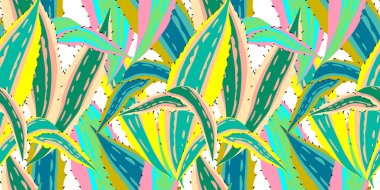 Agava çizim ile Vektör dikişsiz desen parlak fantezi renk bırakır. Sanatsal botanik illüstrasyon, izole çiçek elemanları, el çizilmiş illüstrasyon. Kaktüs ile tekrarlanabilir baackground.