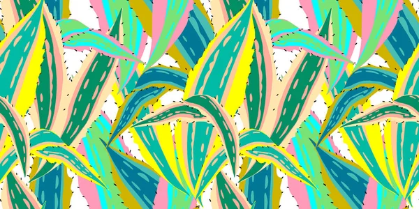 Modello senza cuciture vettoriale con disegno agava foglie luminoso colore fantasia. Illustrazione botanica artistica, elementi floreali isolati, illustrazione disegnata a mano. Baackground ripetibile con cactus . — Vettoriale Stock