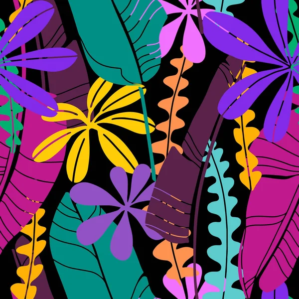 Padrão sem costura vetorial com folhas tropicais desenhadas brilhantes de várias formas e cores. Papel de parede botânico plano Mainmalistic, moderno floral repetível pano de fundo . —  Vetores de Stock