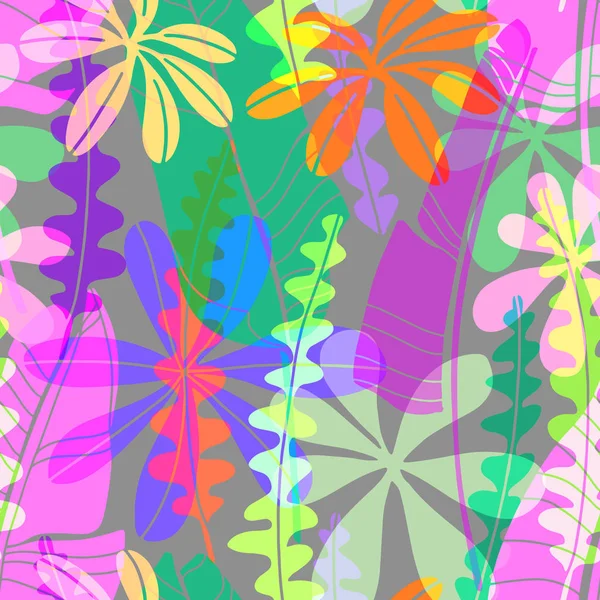 Векторный бесшовный узор с ярко нарисованными тропическими листьями различной формы и цвета. Поддерживающие плоские ботанические обои, современный цветочный повторяемый фон . — стоковый вектор