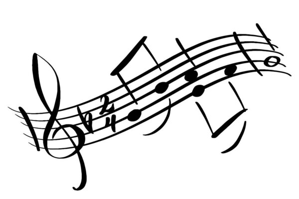 Music notes design element in doodle style. Sheet music one color illustration. Hand drawn piece of melody with treble clef and notes for design.