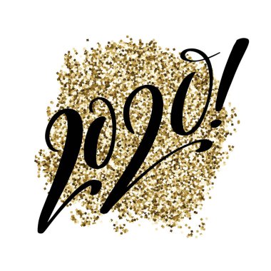 Parlak parıltılı altın arka plan üzerinde 2020 numaraları. Mutlu yıllar kartı. El çizilmiş yaratıcı kaligrafi ve fırça kalem harfleri, tatil tebrik kartları ve davetiyeler için tasarım.