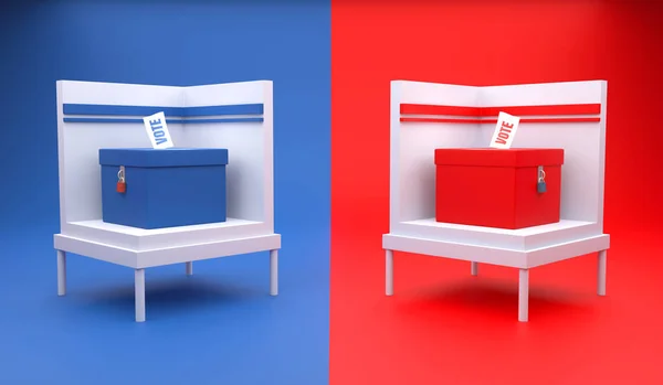 3D Rendering Illustration polling place of red and blue ballot box with vote text isolated on red and blue background, 2020 usa presidential election.