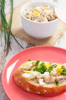 Yumurta ve Frenk soğanı ile ev yapımı uskumru veya ton balığı yapıştır ile huysuz baget dilim