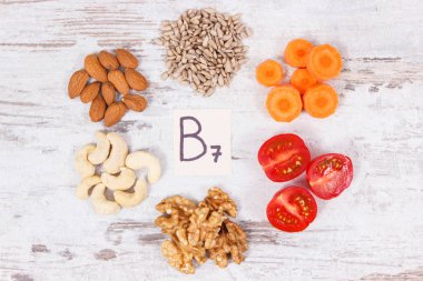 Sağlıklı ürünler ve malzemeler kaynak olarak B7 vitamini, beslenme lifleri ve doğal mineraller, besleyici yeme kavramı