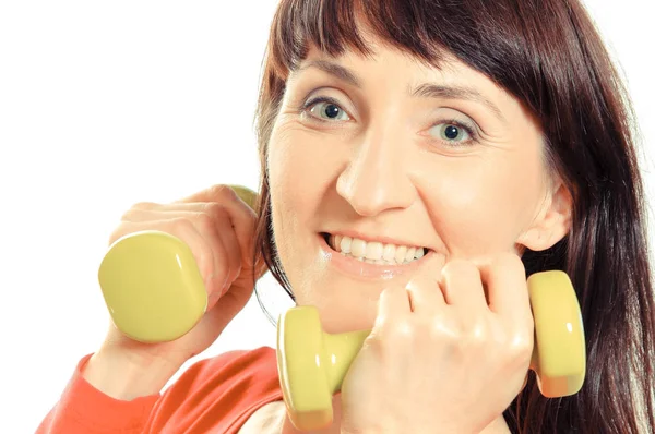 Feliz Mujer Sonriente Durante Ejercicio Físico Con Pesas Concepto Estilo — Foto de Stock