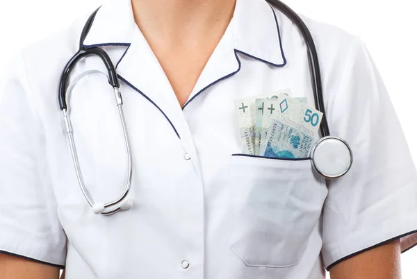 Žena Lékař Stetoskopem Polské Měny Peníze Kapse Zástěry Platí Lékařskou — Stock fotografie