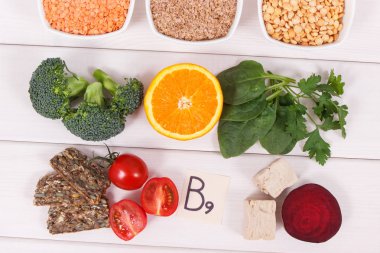 B9 vitamini, beslenme lifleri, doğal mineraller ve folik asit içeren besin maddeleri, sağlıklı beslenme kavramı