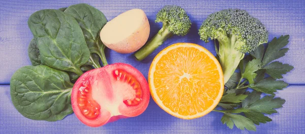 Foto Vintage Frutas Verduras Frescas Que Contienen Vitamina Potasio Fibra — Foto de Stock