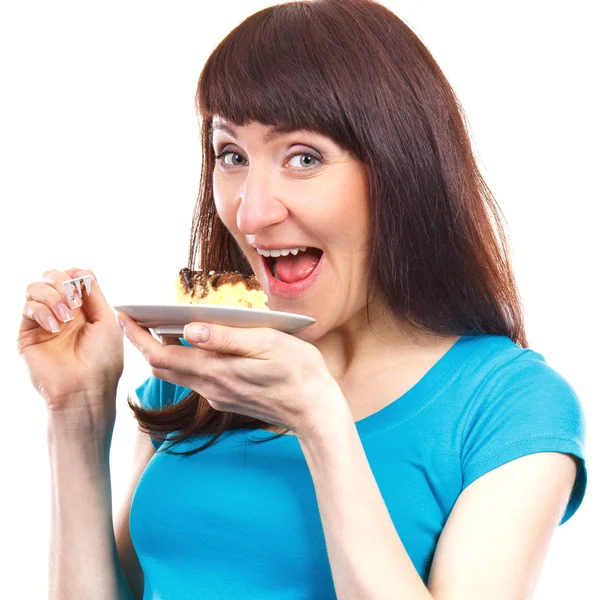 Happy Delighted Woman Eating Fresh Baked Piece Cheesecake Concept Sweet — Stock Photo, Image