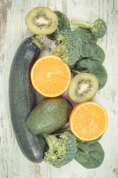 Friss Gyümölcsöket Zöldségeket Tartalmazó Vitamin Élelmi Rost Ásványi Anyagok Egészséges — Stock Fotó