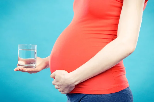 Mujer Embarazada Con Vaso Agua Mano Concepto Estilo Vida Saludable — Foto de Stock