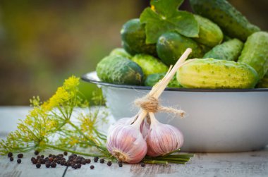 Metal kase ve Bahçe, sağlıklı beslenme eski beyaz tahta masada salatalık dekapaj baharatlar olgun salatalık