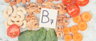 Sağlıklı ürünler ve malzemeler kaynak olarak B7 vitamini, beslenme lifleri ve doğal mineraller, besleyici yeme kavramı