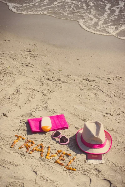 Foto Vintage Viaje Inscripción Hecha Piedras Ámbar Accesorios Para Tomar — Foto de Stock