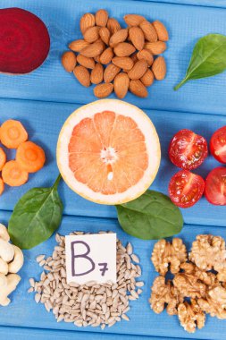 Sağlıklı ürünler ve malzemeler kaynak olarak B7 vitamini, beslenme lifleri ve doğal mineraller, besleyici yeme kavramı