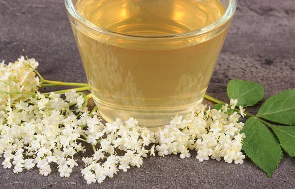 Vaso Refresco Zumo Saludable Flores Saúco Estructura Hormigón Medicina Alternativa — Foto de Stock