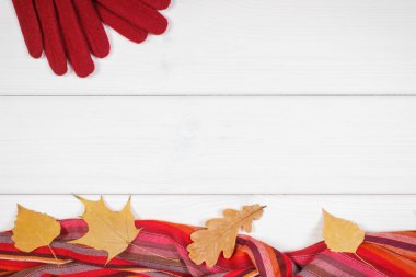 Renkli şal, eldivenler kadın ve sonbahar yaprakları, sıcak giyim Sonbahar ya da kış, beyaz tahtalar üzerinde metin için yer kopyalayın