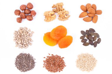 Demir, omega asitler, mineraller, vitaminler ve besin lifleri içeren sağlıklı doğal besinler, besleyici beslenme konsepti