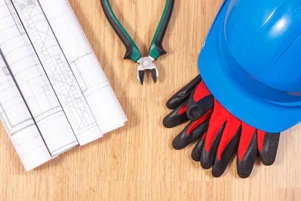 Diagrams Electrical Construction Drawings Protective Blue Helmet Gloves Metal Pliers — Stock Photo, Image