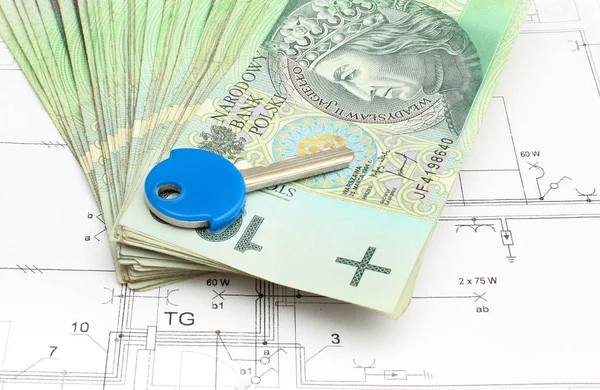 Diagramas Eléctricos Dinero Moneda Polaco Llave Casa Concepto Costo Casa — Foto de Stock