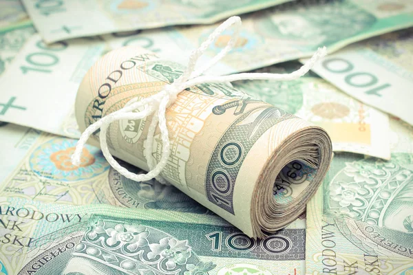 Rolle Gebundener Polnischer Banknoten Über Geldhintergrund Finanzen Und Überraschungskonzept — Stockfoto