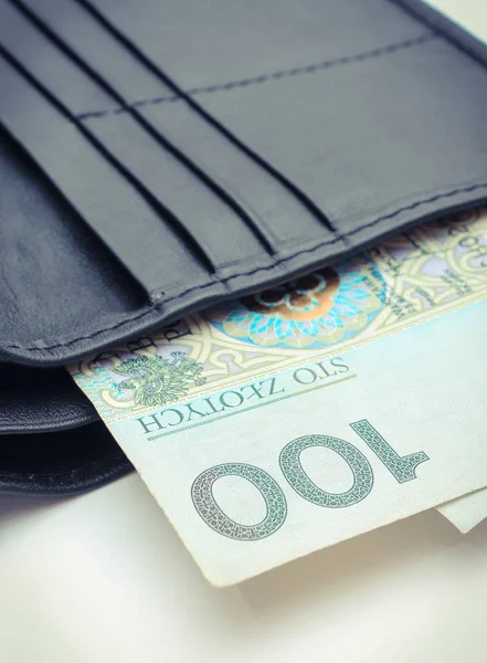 白い背景の金融概念上の財布でポーランドの通貨お金 — ストック写真
