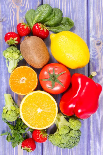 Friss Gyümölcsök Zöldségek Mint Természetes Eredetű Ásványi Anyagokat Tartalmazó Élelmi — Stock Fotó